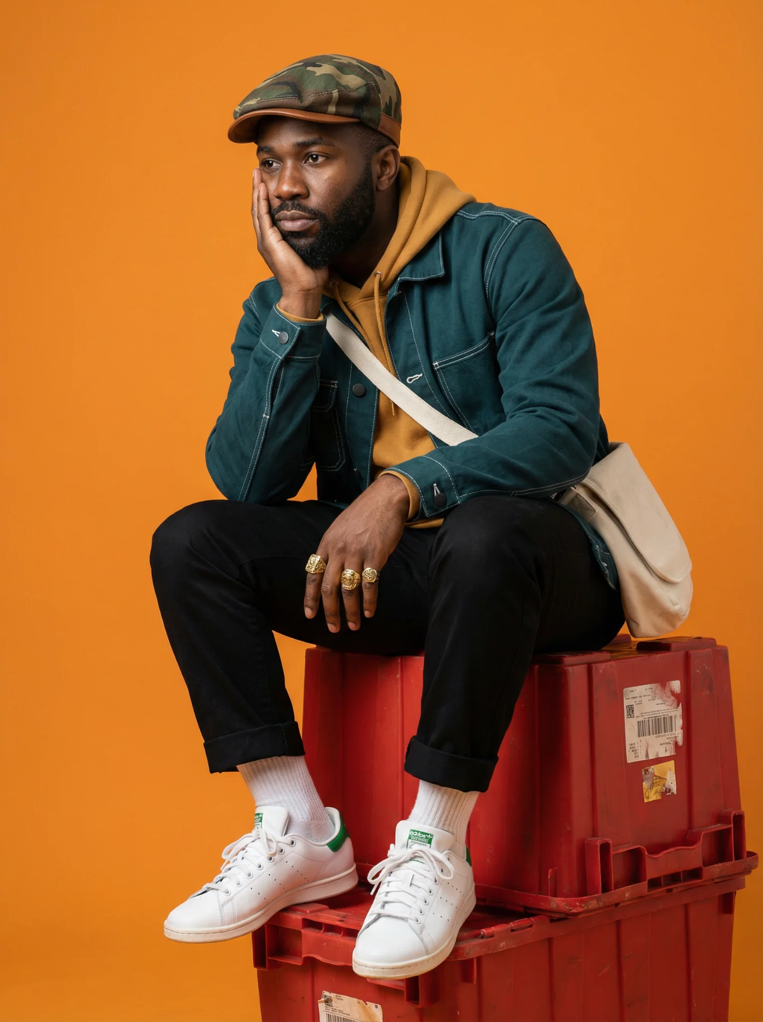 A young black man sitting on a trashcan