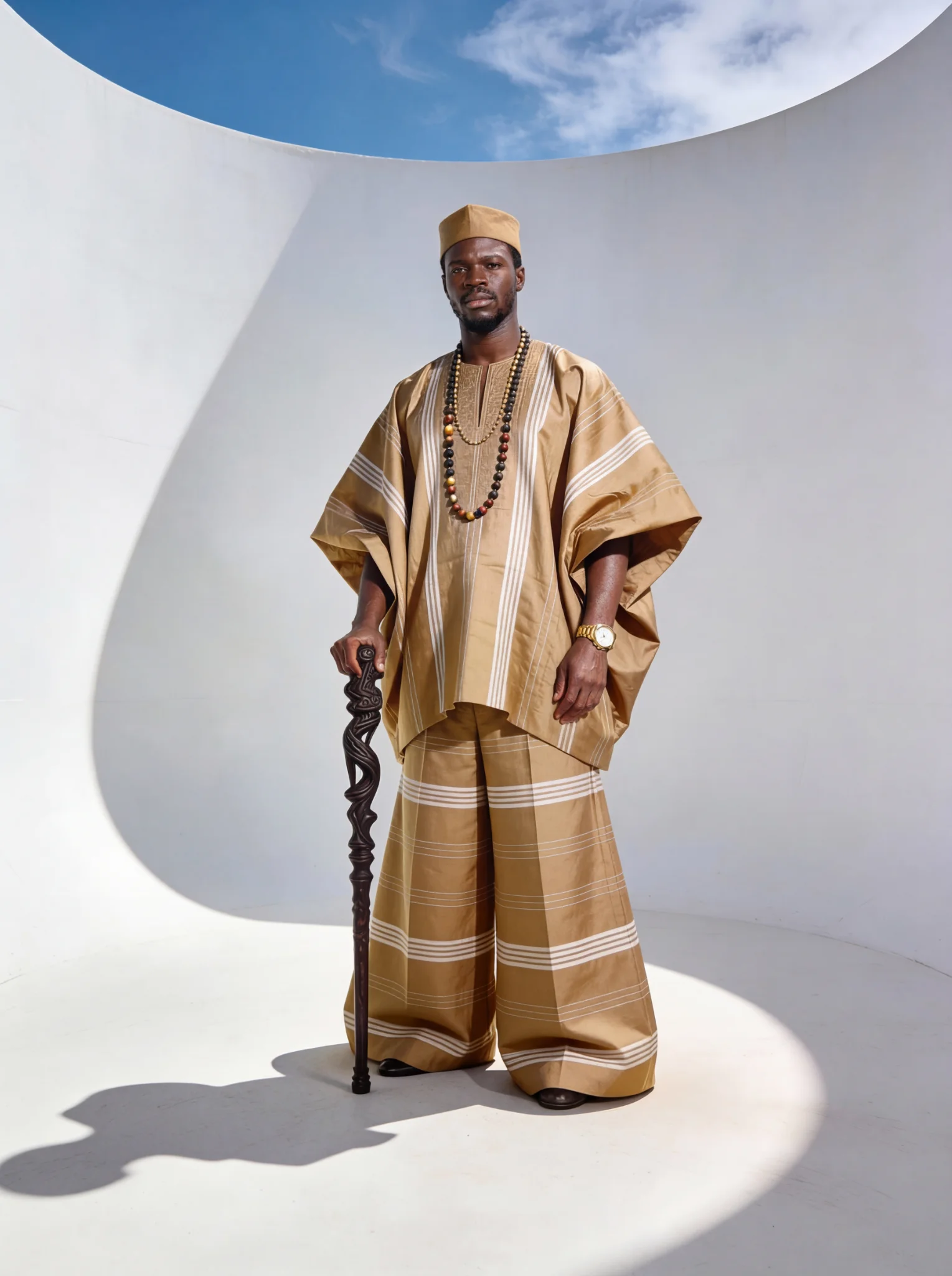 Black man in traditional african attire holding carved wooden staff studio