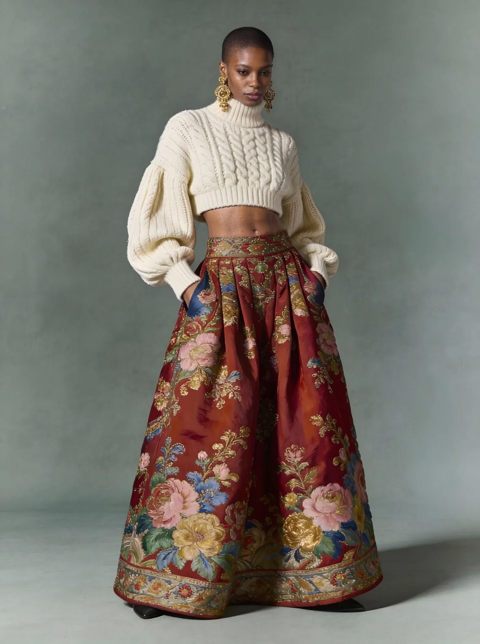 High fashion woman in cream knit crop sweater and floral maxi skirt